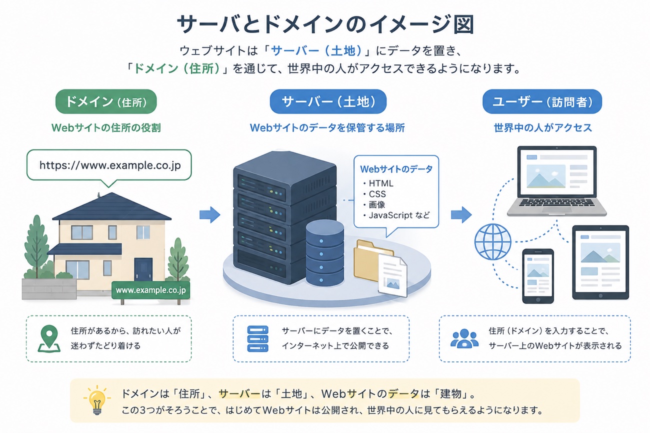 サーバとドメインのイメージ図。ドメインは住所、サーバーは土地、ウェブサイトのデータは建物にあたる
