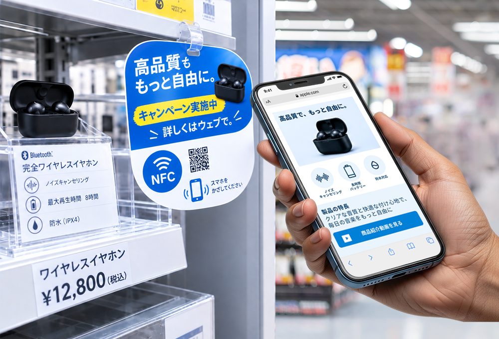 商品棚に取り付けたワイヤレスイヤホンの店頭POP。NFCマークとQRコード、「スマホをかざしてください」の案内があり、スマートフォンをかざすと商品紹介ページが表示される