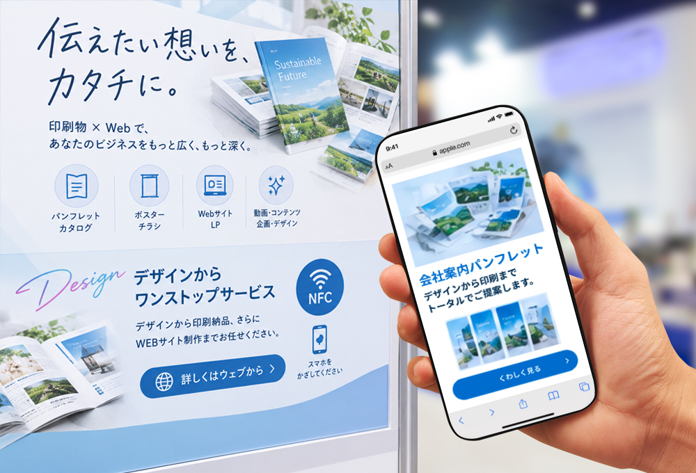 展示会ブースの製品紹介パネル。NFCマークと「スマホをかざしてください」の案内があり、スマートフォンをかざすと会社案内パンフレットの紹介ページが表示される